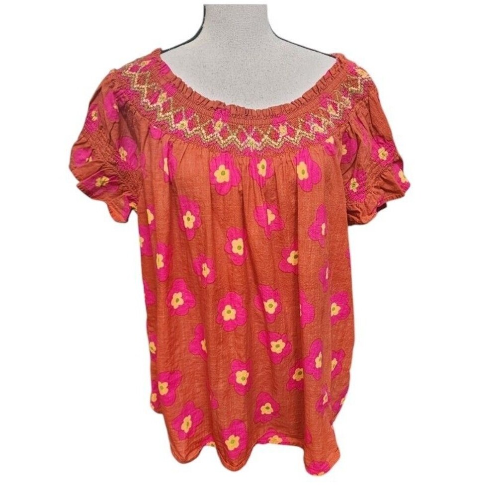 Ivy Jane Smocked Baby Doll Top Size XL Boho Colorful Cotton